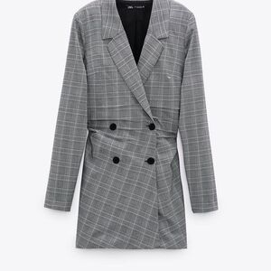 Zara Women's Gray Plaid Double-Breasted Coat